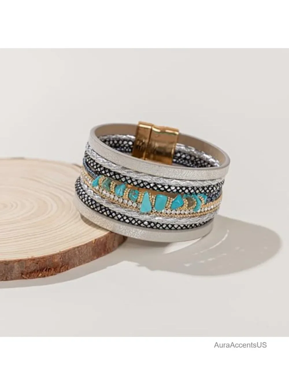 Turquoise Beaded Leather Wrap Bracelet Boho Cowgirl Stackable Magnetic Clasp